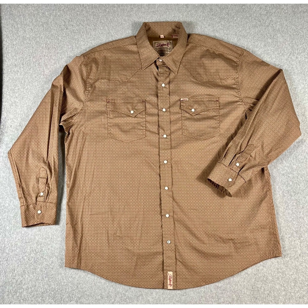 Rafter C Cowboy Western Shirt Men 2XLT Brown Geometric Pearl Snap Pro Flex 45